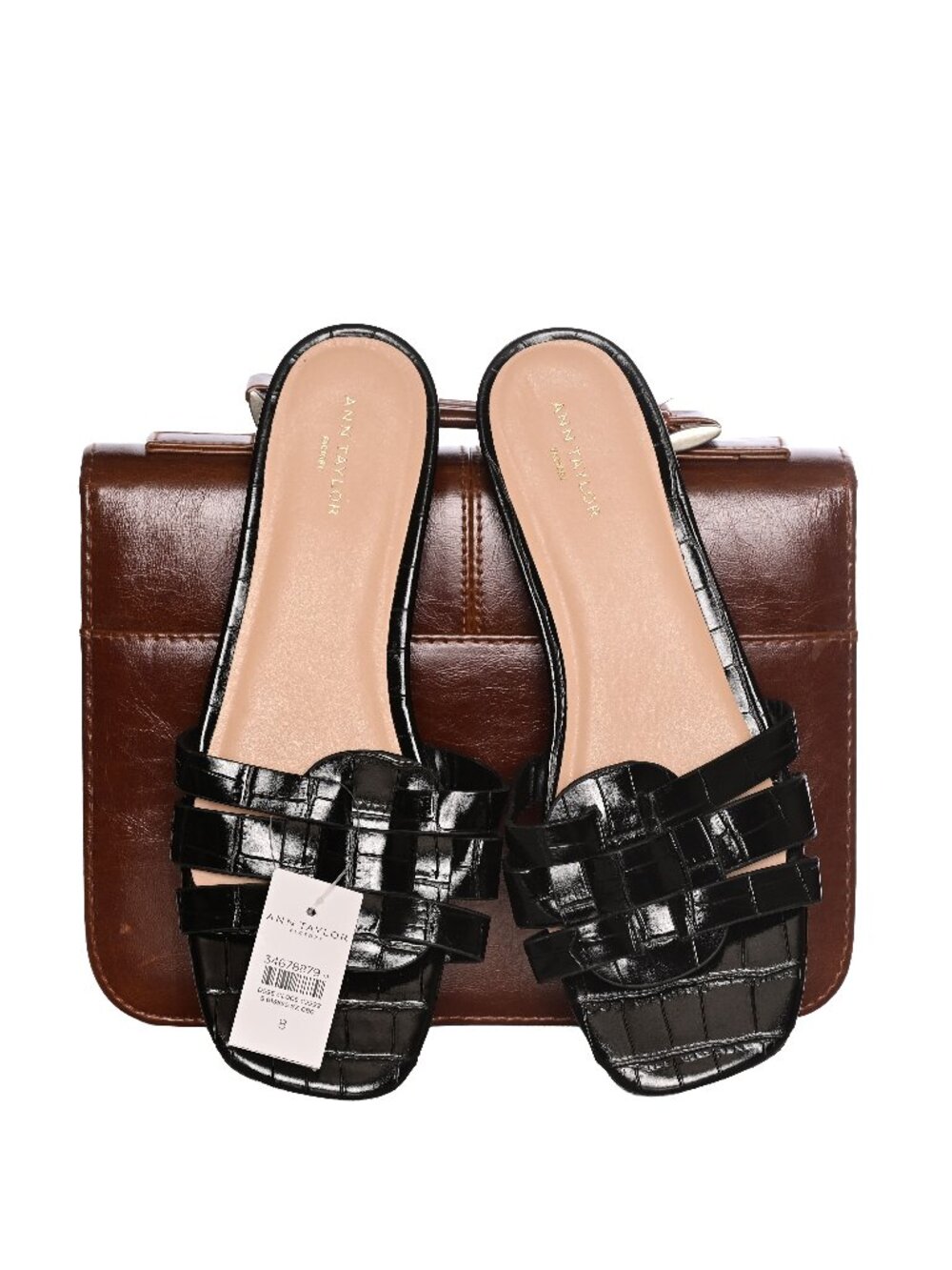 ANN TAYLOR Black Patent Crocodile-embossed Slip on Flat - Mule- Sandal Size 8 - Picture 1 of 8